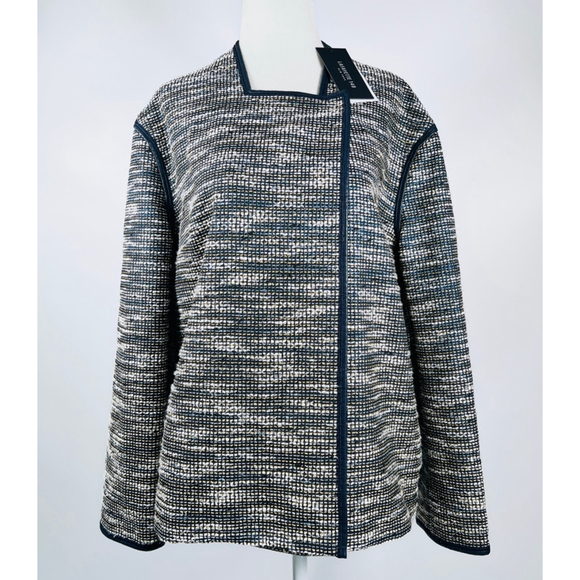 Lafayette 148 New York Woman’s Blazer Blue White Jacket, Size L Leather Trim - Picture 3 of 16